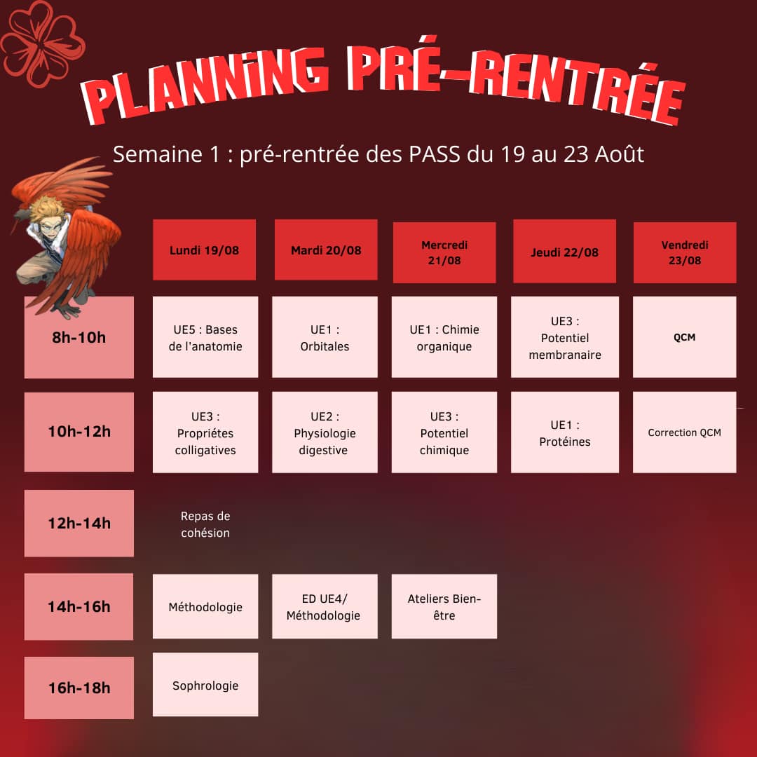 Planning de pré-rentrée des PASS w1